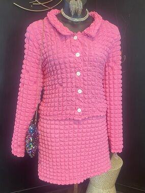 Pink Textured Knit Skirt Set - Stylish Two-Piece